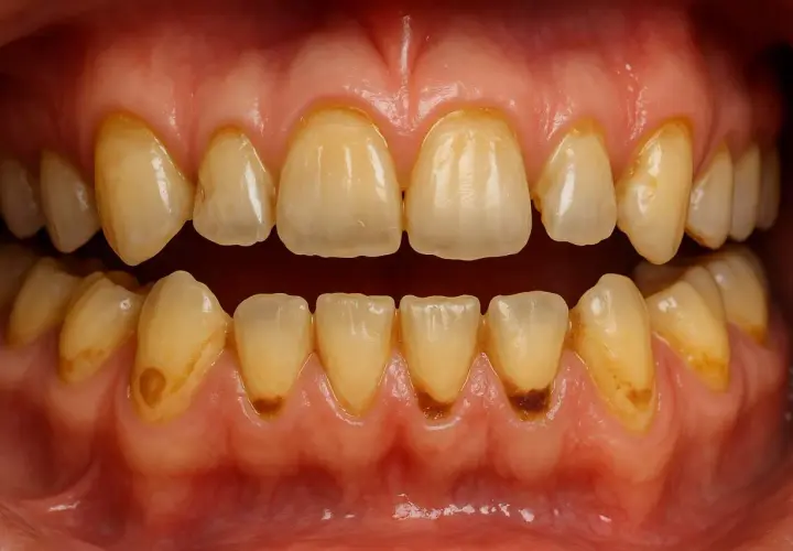 Denti ingialliti e con evidenti segni di **denti corrosi** alla base, che necessitano di cure.