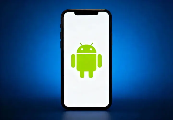 Smartfon z logo Androida. Dowiedz się, jak sprawdzić czas spędzony na telefonie android, aby lepiej zarządzać swoim cyfrowym życiem.