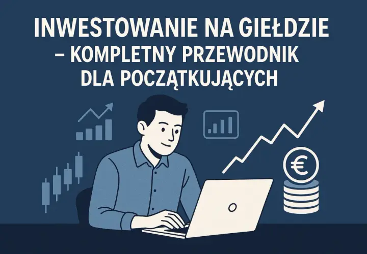 Mężczyzna uczy się inwestowania na giełdzie przy laptopie. Grafiki pokazują wzrosty i monety euro.