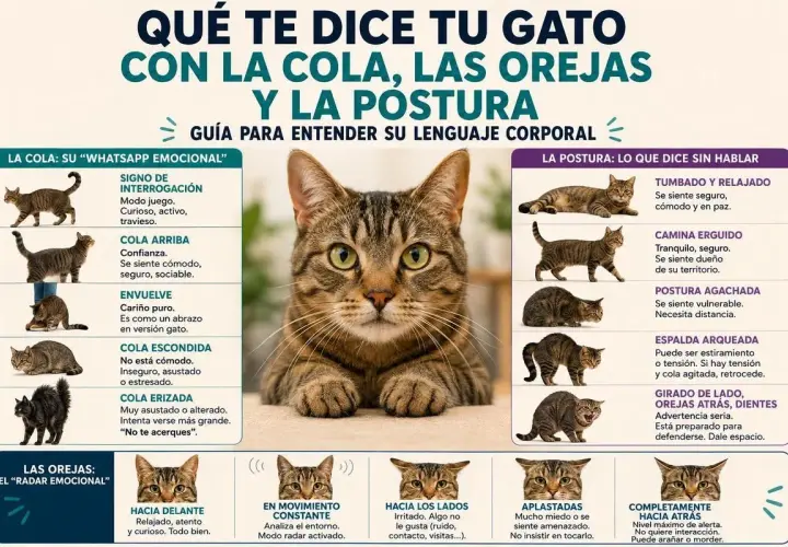 Guía para entender el lenguaje corporal de los gatos: cola, orejas y postura. Ilustra cómo los felinos comunican sus emociones.