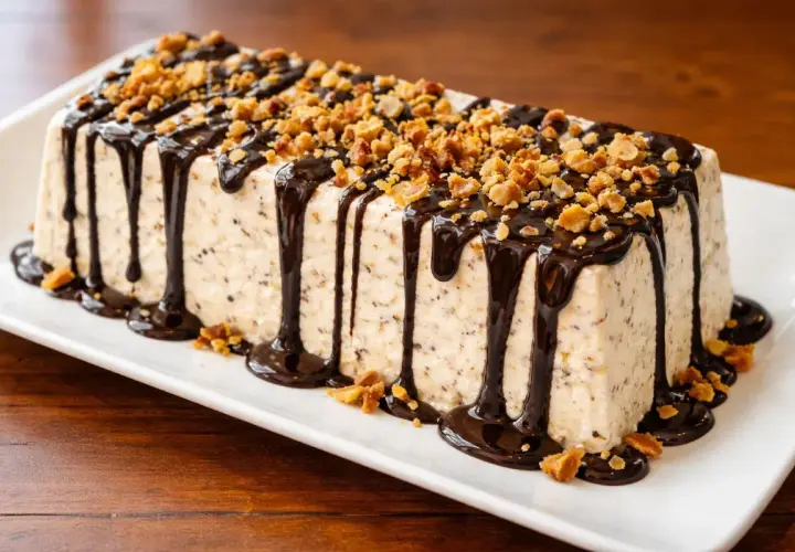 Parfait dolce a forma di panettone, ricoperto di cioccolato fuso e granella di nocciole croccanti.
