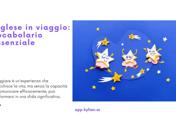 Stelle danzanti su sfondo blu, con testo "Inglese in viaggio: vocabolario essenziale". Impara il travel vocabulary per viaggiare senza pensieri!