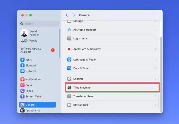 Einstellungen: Time Machine, die externe Festplatte für Backups.