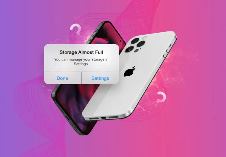 Komunikat "Storage Almost Full" na iPhonie. Dowiedz się, jak zwolnić miejsce na iPhonie, klikając "Settings".