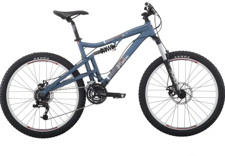 A blue Diamondback Recoil mountain bike with full suspension, Kenda tires, and disc brakes, ready for any trail.