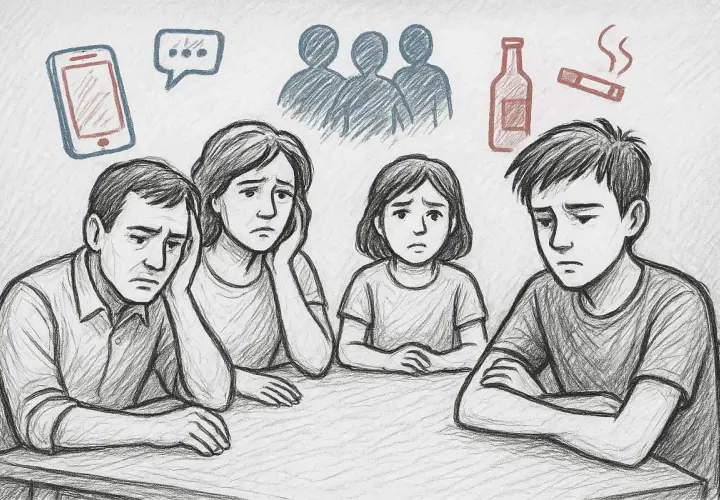 Famiglia triste, con simboli di dipendenza (telefono, alcol, sigaretta) e isolamento sociale. Le conseguenze sui figli di tossicodipendenti sono evidenti nel loro volto.