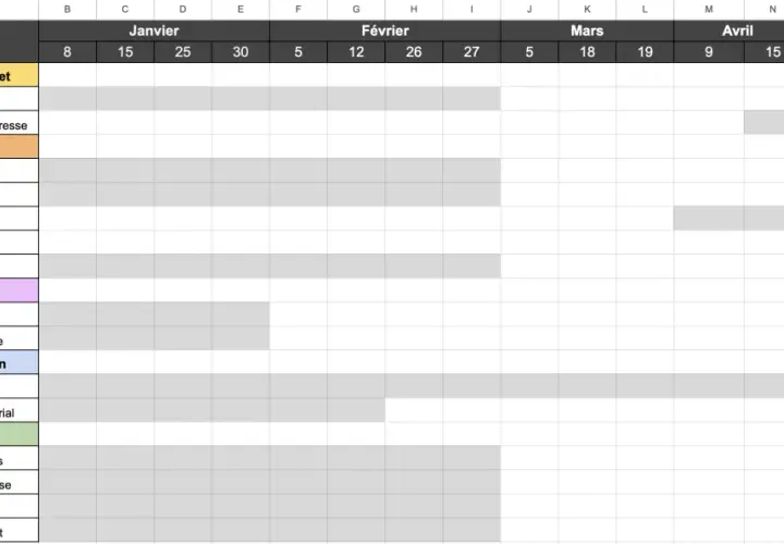 Exemple de rétroplanning pour un événement : gestion des tâches, organisation, graphisme, communication et partenariat de janvier à juin.