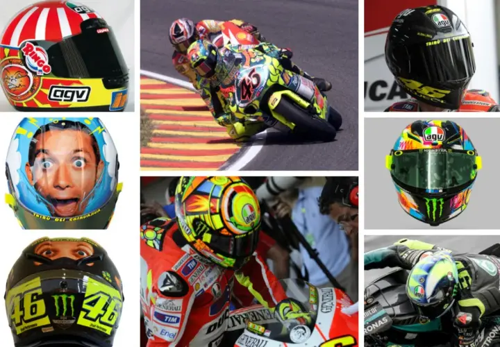 Collage de los **mejores cascos de Valentino Rossi**, con diseños icónicos como el "Ringo" y el rostro de "Tribú dei Chihuahua".