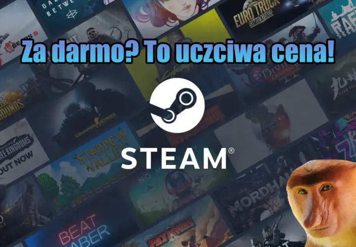 Jak mieć darmowe gry na Steam? Tytuły gier na tle, logo Steam i małpa nosacz.