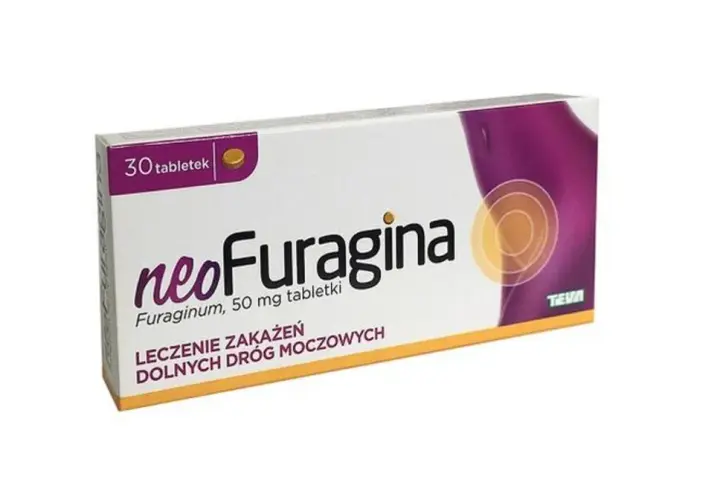 Opakowanie leku neoFuragina MAX 30 tabletek, stosowanego w leczeniu zakażeń dolnych dróg moczowych.