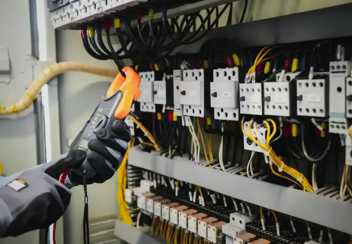 Ręce w rękawicach trzymają pomarańczowy miernik, badając skomplikowany opis rozdzielni elektrycznej z licznymi przewodami i przekaźnikami.