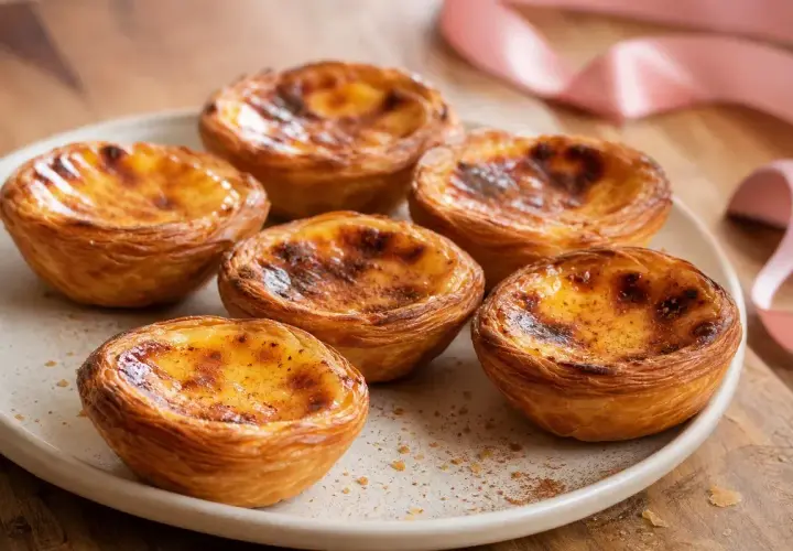 Six délicieux pasteis de nata, dorés et caramélisés, sur une assiette blanche, avec un ruban rose en arrière-plan.