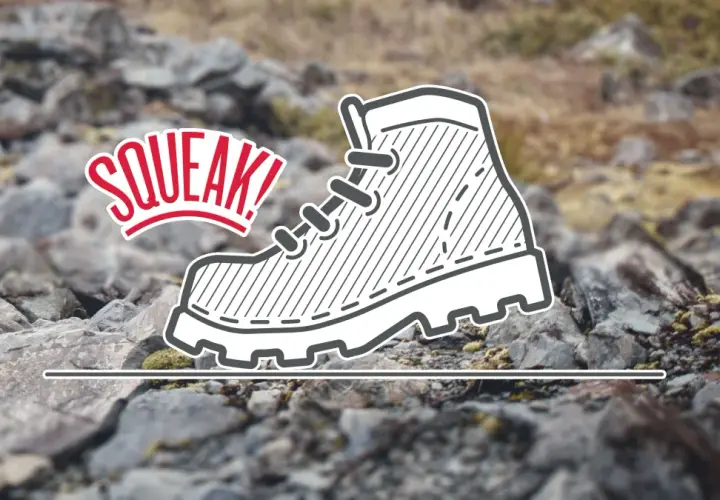 Illustration of a boot with "SQUEAK!" text, hinting at how to make boots quieter.