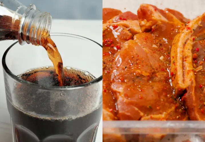 Marynowanie wieprzowiny w coli: prawda czy kulinarny mit? Cola w szklance i kawałki wieprzowiny w marynacie.