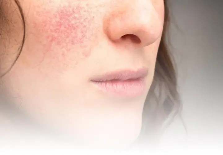 Närbild på en kvinna med rodnad på kinden, ett tecken på rosacea. Bilden visar hur man kan behandla rosacea.