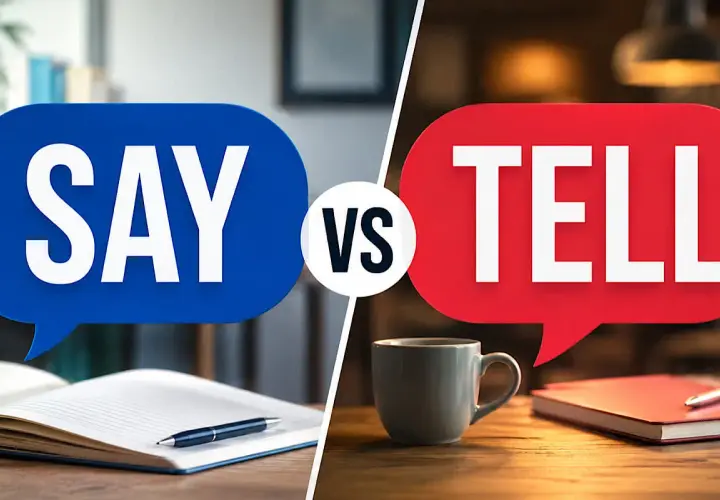 Due fumose bolle di dialogo, una blu con "SAY" e una rossa con "TELL", contrapposte. Cosa dire e cosa raccontare?