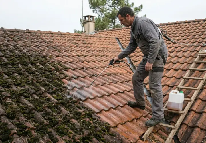 Un couvreur nettoie une toiture envahie par la mousse. Un entretien essentiel pour locataire ou propriétaire, garantissant la longévité de la maison.