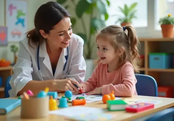 Uśmiechnięta pedagog prowadzi terapię z dzieckiem, wspólnie rysują i bawią się kolorowymi zabawkami.