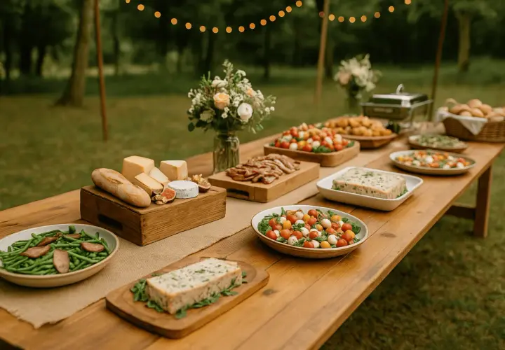 Buffet champêtre avec fromages, pain, salades de tomates et mozzarella, haricots verts, terrine. Une belle idée repas mariage champêtre.