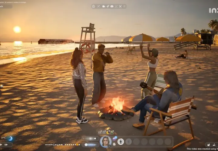Grupa przyjaciół przy ognisku na plaży w grze symulator życia. Zachód słońca, muzyka i wspólne chwile.