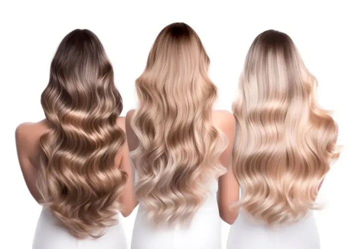Trzy kobiety z falującymi włosami. Jedna ma ciemnobrązowe, druga jasnobrązowe, a trzecia blond. Ich włosy wyglądają jakby lekki **air touch blond** muśkał je delikatnie.