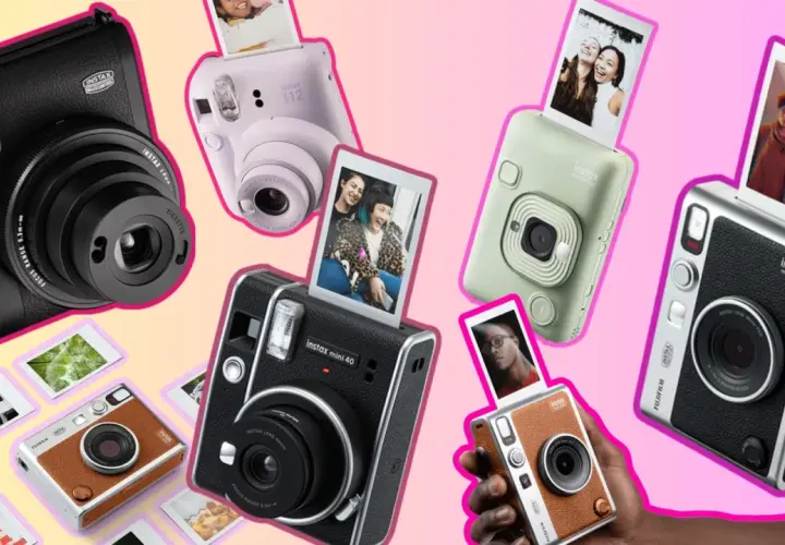 Kolekcja najnowszych aparatów Instax: czarny mini 99, różowy 12, zielony LiPlay, czarno-srebrny Mini Evo i brązowo-srebrny Mini 40.
