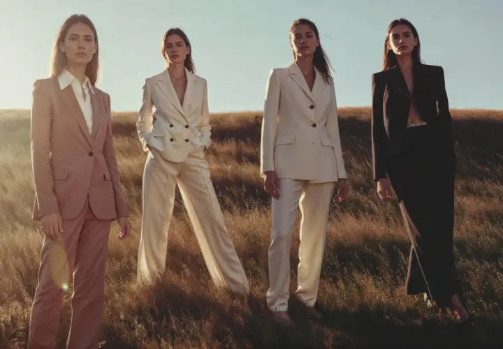 Quatre femmes en tailleurs élégants, dont un en lin textile, posent dans un champ d'herbes hautes au coucher du soleil.