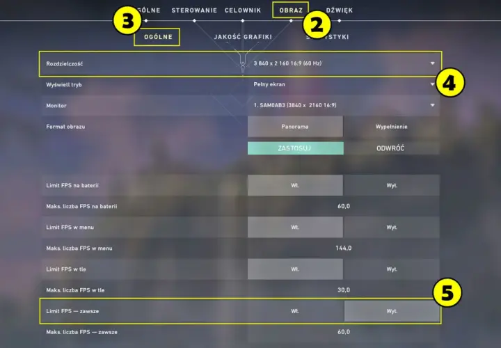 Ustawienia Valorant: rozdzielczość, tryb wyświetlania, monitor, format obrazu, limity FPS na baterii, w menu i w tle.