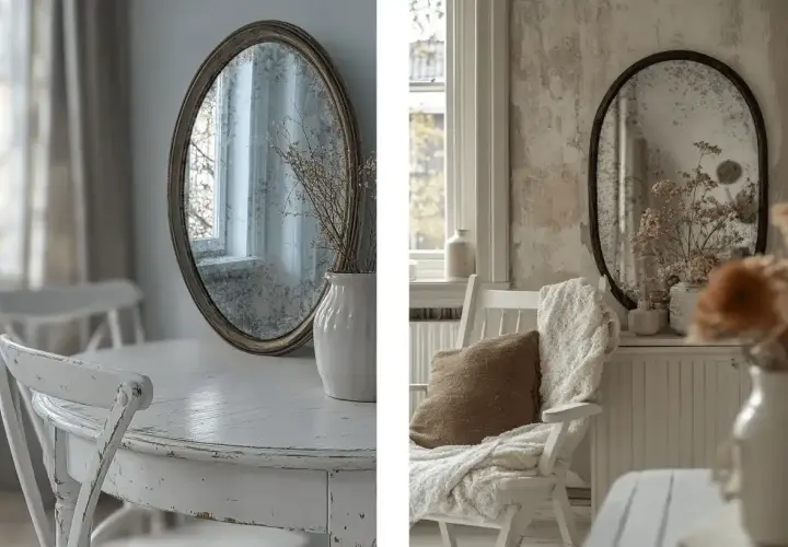 Inspiracja: jak zrobic rame do lustra. Dwa ujęcia antycznych luster w ozdobnych ramach, w rustykalnych wnętrzach.