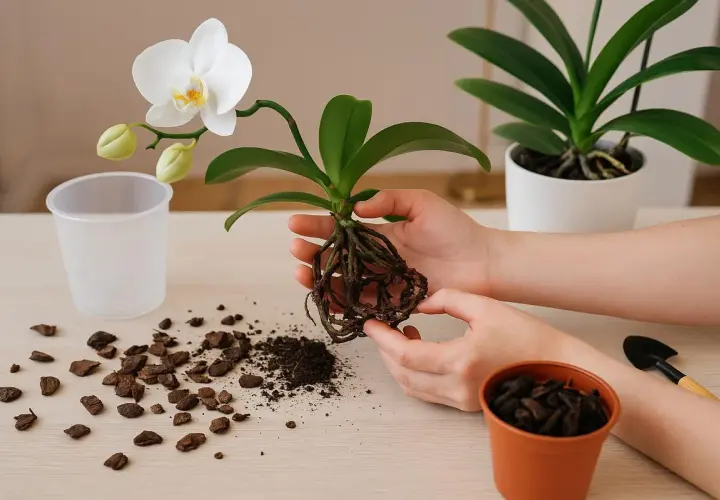 Hände halten eine Orchidee mit gesunden Wurzeln bereit zum Umtopfen. Rindenmulch und Erde liegen daneben.