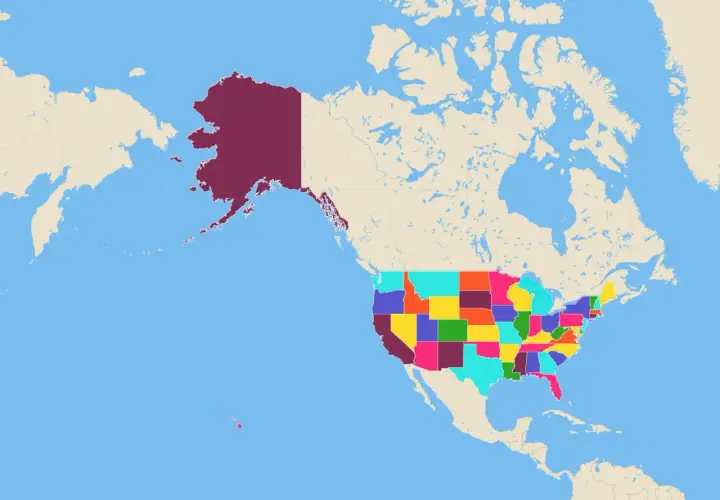 Mapa USA z kolorowymi stanami, w tym Alaska i Hawaje. Stany USA alfabetycznie, pogrupowane kolorami.