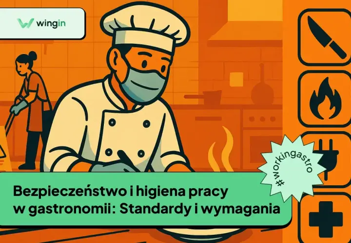 Szef kuchni w masce i pracownica sprzątająca ilustrują obowiązki pracodawcy w zakresie BHP w gastronomii.