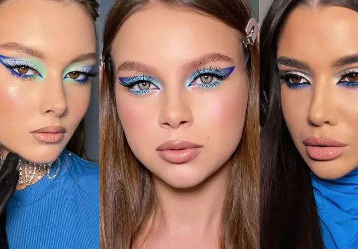 Maquillaje audaz con delineado azul eléctrico y sombras celestes, perfecto para un vestido azul marino.