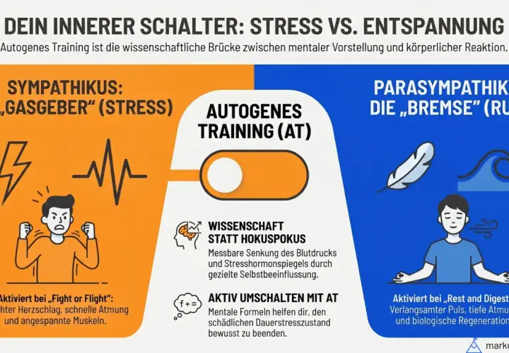 Autogenes Training hilft, Stress im Studium zu bewältigen. Links der gestresste Sympathikus, rechts der entspannte Parasympathikus.