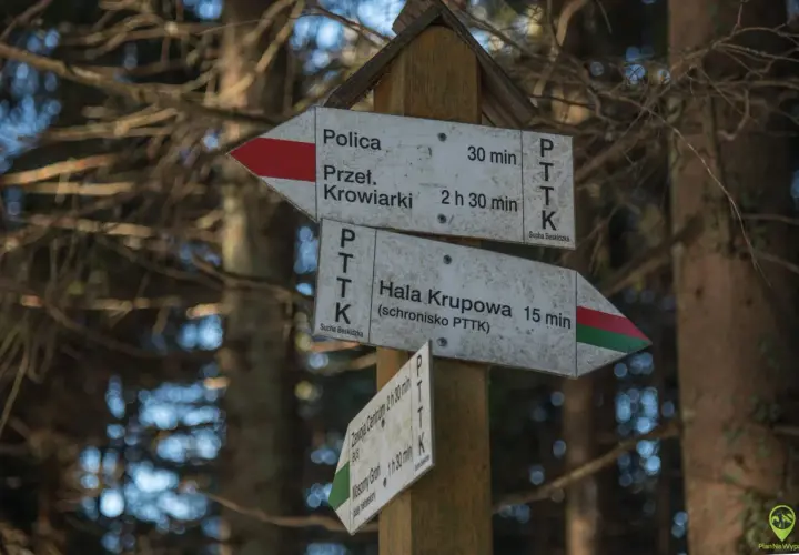 Znaki szlaku PTTK wskazują drogę do Hali Krupowej (15 min) i Przełęczy Krowiarki (2h 30 min).