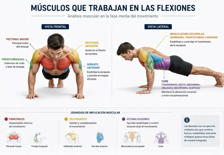 Análisis muscular de los músculos que trabajan en un push up, mostrando vista frontal y lateral, con énfasis en el pectoral mayor y tríceps.