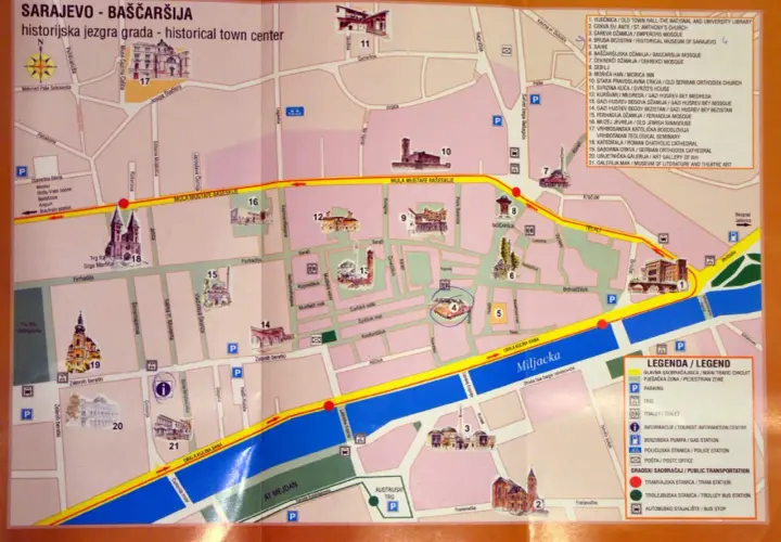 Mapa Baščaršije w Sarajewie: zobacz zabytki, muzea i meczety. Znajdź drogę do zabytków, które warto zobaczyć w Sarajewie.