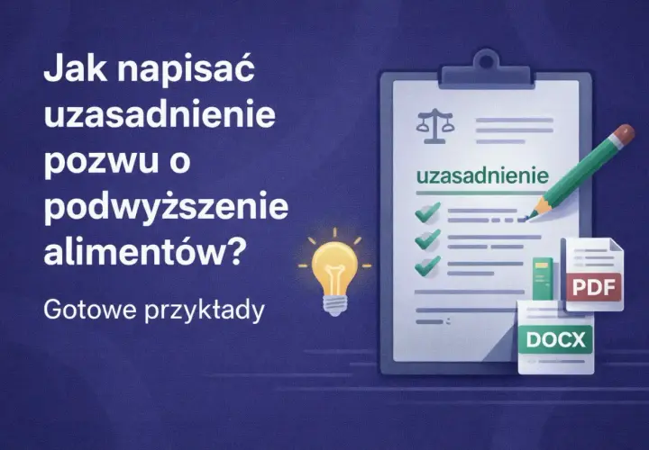 Jak napisać uzasadnienie pozwu o podwyższenie alimentów? Grafika pokazuje dokumenty prawne, ołówek i żarówkę.