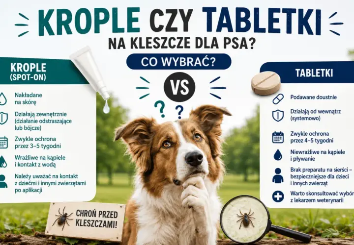 Co najlepsze na kleszcze dla psa? Porównanie kropli i tabletek. Piesek zastanawia się nad wyborem ochrony.