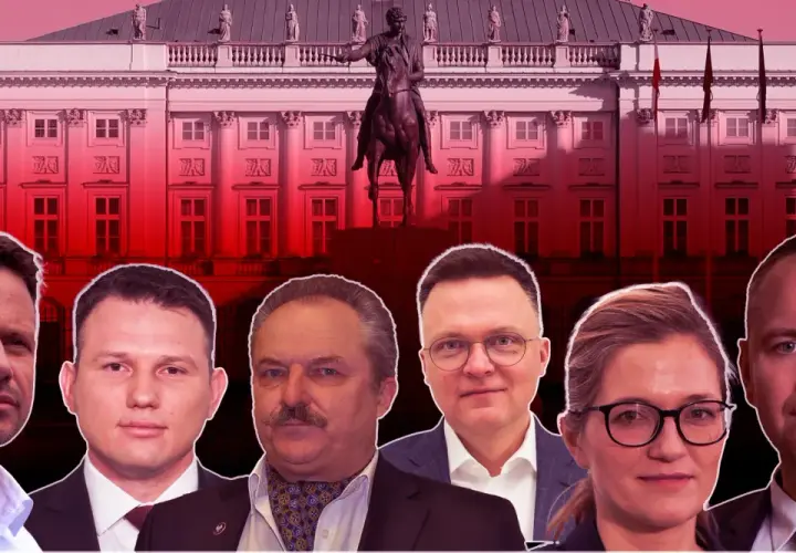 Sześciu polityków na tle Pałacu Prezydenckiego. Czy to oni są odpowiedzią na pytanie, dlaczego w sondażach aż 60 procent Polaków chce prezydenta niezależnego od partii?
