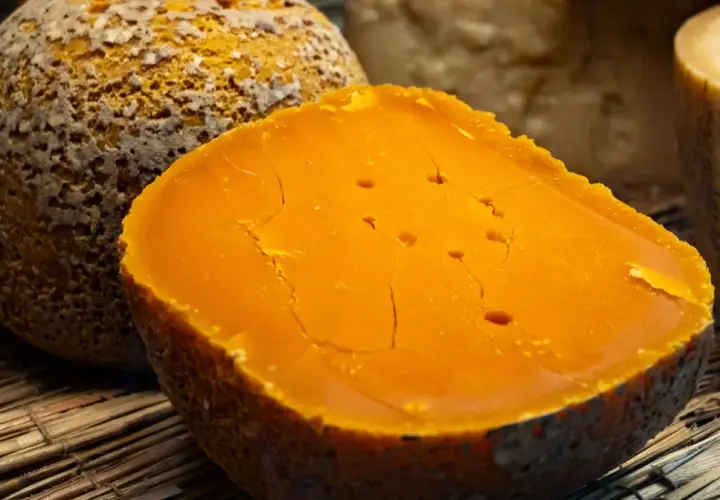 Pomarańczowy ser di bufala z widocznymi pęknięciami i dziurkami, leżący na słomie obok innych serów.