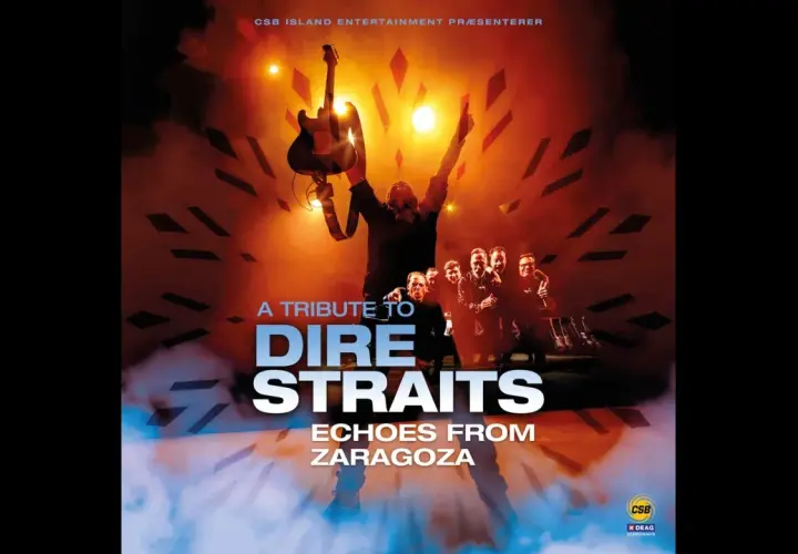 Koncertowa okładka "A Tribute to Dire Straits: Echoes from Zaragoza". Wokalista z gitarą uniesioną ku górze, zespół w tle. Pamięć o legendzie Dire Straits.