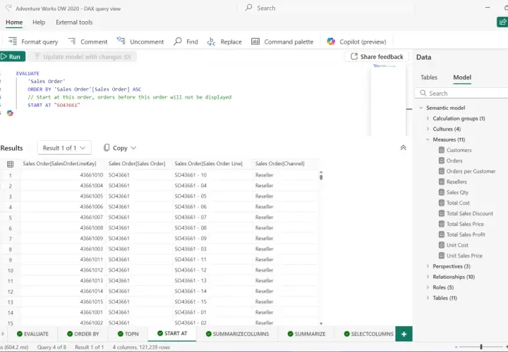 Finestra DAX Studio con query DAX in esecuzione e risultati che mostrano ordini di rivenditori.