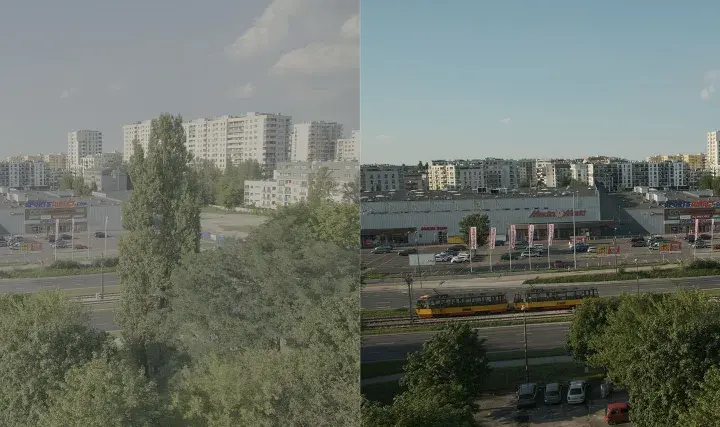 Porównanie obrazu przed i po zastosowaniu 3D LUT. Widok miasta z blokami mieszkalnymi, centrum handlowym i tramwajami.