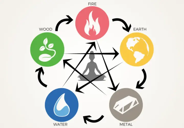Schema dei 5 elementi simboli: Fuoco, Terra, Metallo, Acqua, Legno, con figura umana al centro.