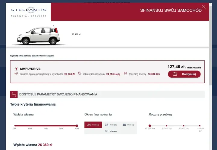 Strona z ofertą finansowania samochodu Fiat. Widoczny biały Fiat Panda, cena 65 900 zł, miesięczna rata 127,46 zł. Możliwość dostosowania parametrów finansowania.