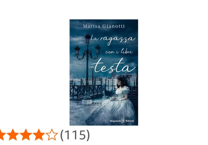 Copertina di "La ragazza con i libri in testa", un romanzo ambientato a Venezia, con una giovane donna in abito d'epoca seduta vicino a un canale.
