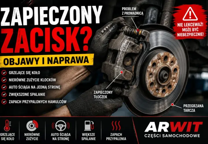 Hamulec samochodowy z zaciętym tłoczkiem i przegrzaną tarczą.