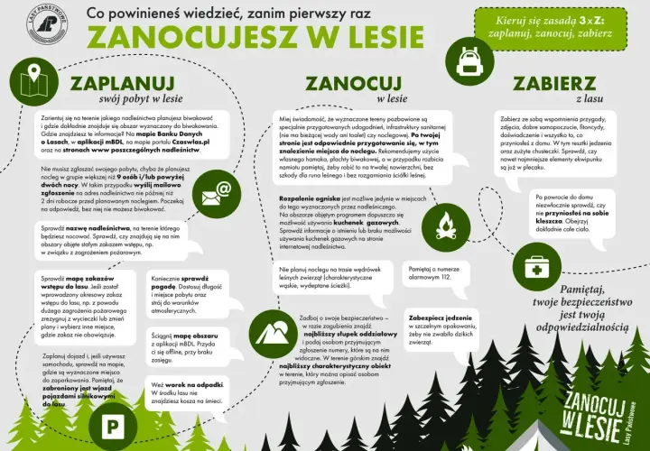 Planując nocleg w lesie, sprawdź, czy na łuk trzeba mieć pozwolenie. Zawsze planuj, nocuj i zabieraj z lasu tylko wspomnienia.
