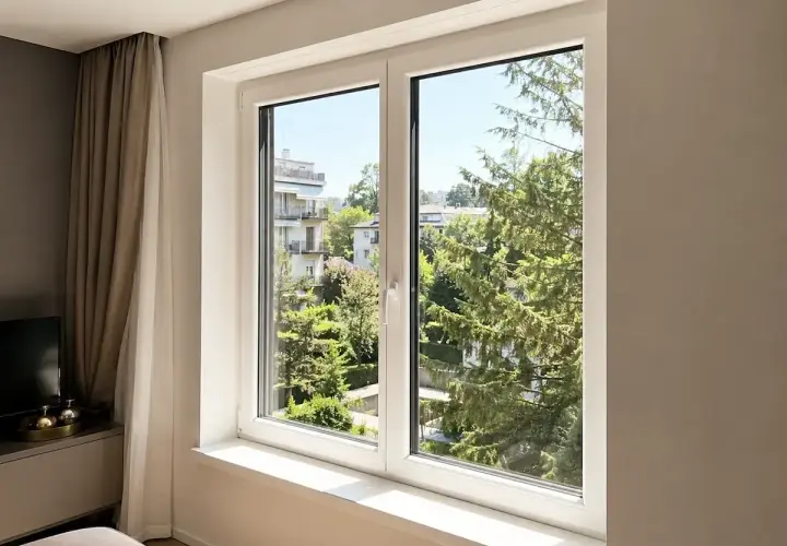Finestre insonorizzate funzionano: vista serena su alberi e palazzi, con tende che creano un'atmosfera tranquilla.